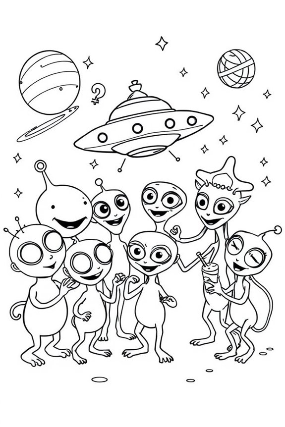 Friendly Alien Friends Coloring Sheet