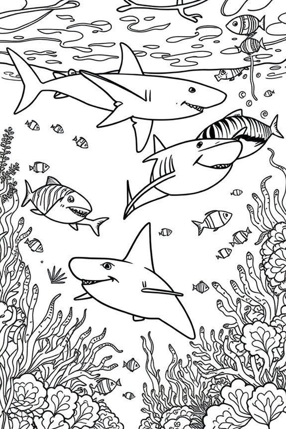Underwater Shark Scene Coloring Sheet