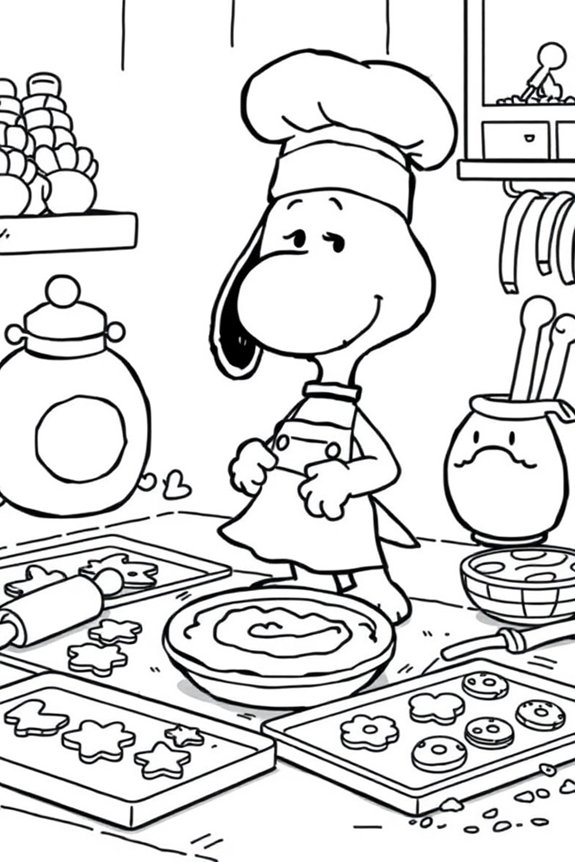 Snoopy Baking Cookies Coloring Sheet