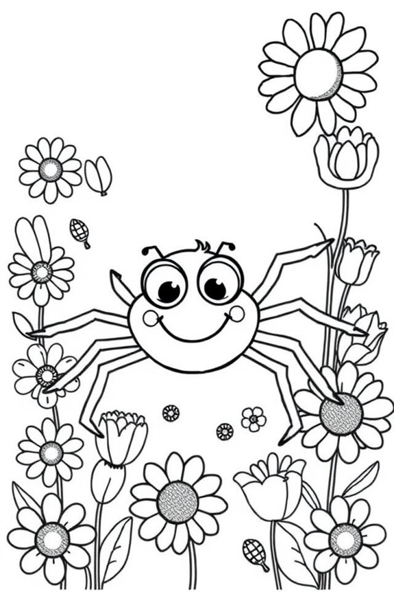 Friendly Spider with Flowers Coloring Sheet
