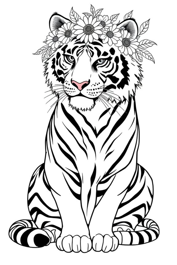 Tiger with a Flower Crown Coloring Sheet
