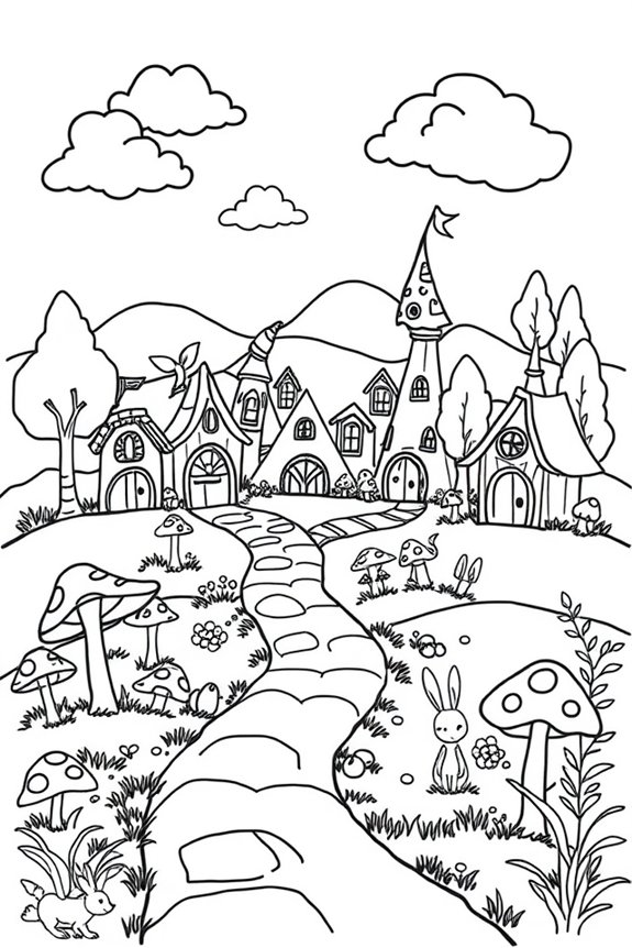 Whimsical Troll Village Coloring Sheet