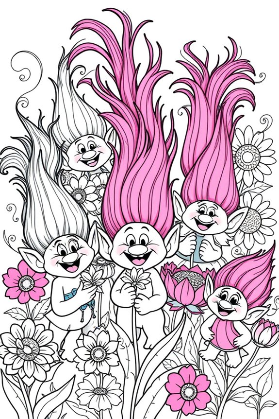 Trolls with Flowers Coloring Sheet