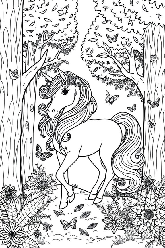 Majestic Unicorn in a Forest Coloring Sheet