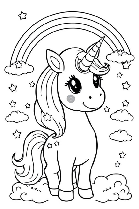 Friendly Unicorn and Rainbow Coloring Sheet