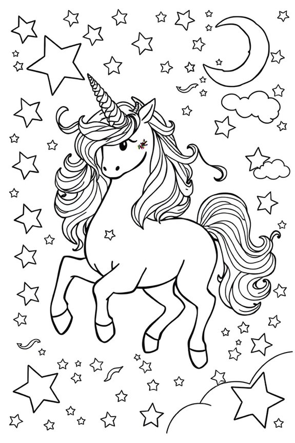 Whimsical Unicorn with Stars Coloring Sheet