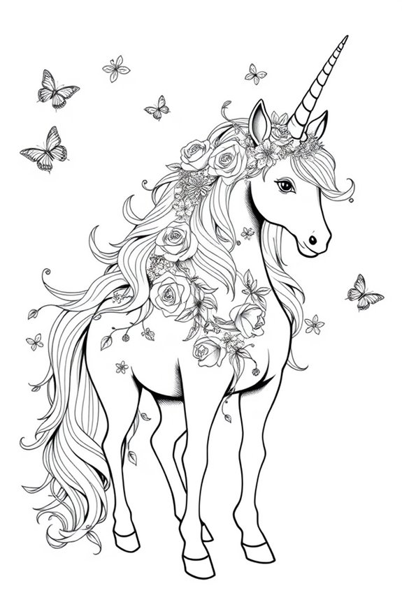 Elegant Unicorn with Floral Details Coloring Sheet