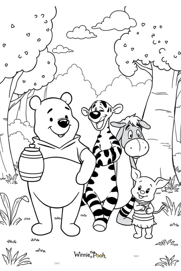 Winnie the Pooh and Friends Line Art Coloring Sheet