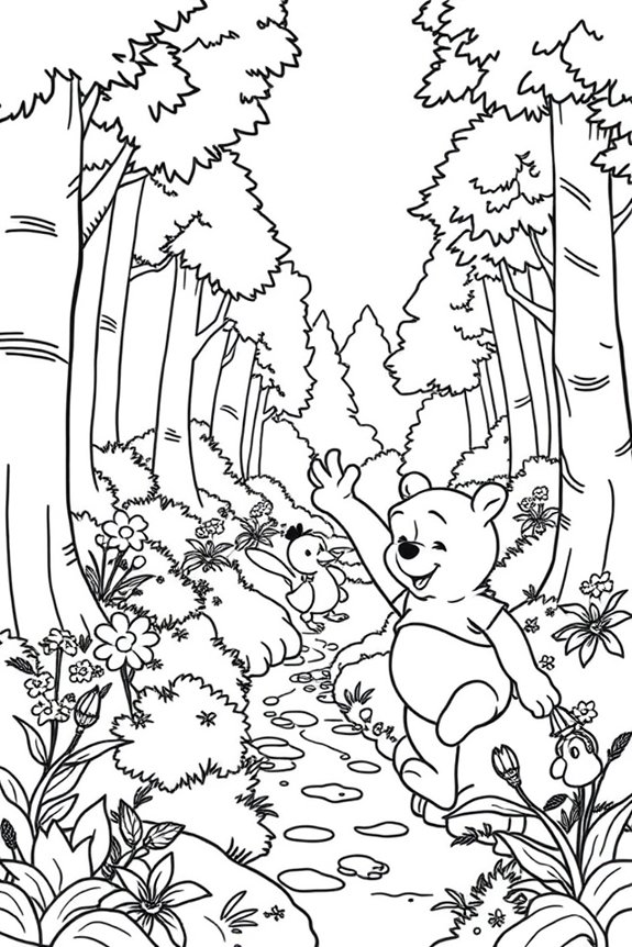 Winnie the Pooh Playing in the Forest Coloring Sheet