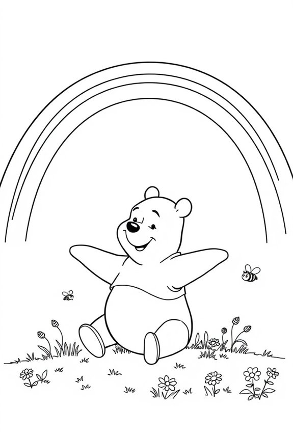 Winnie the Pooh Under a Rainbow Coloring Sheet