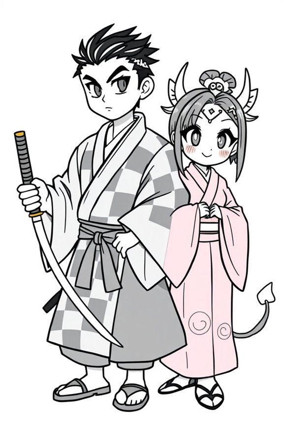 Simple Tanjiro and Nezuko Duo Coloring Sheet