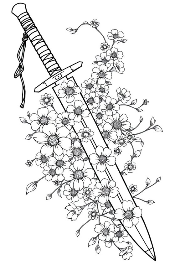 Easy Flower Pattern with Tanjiro's Sword Coloring Sheet