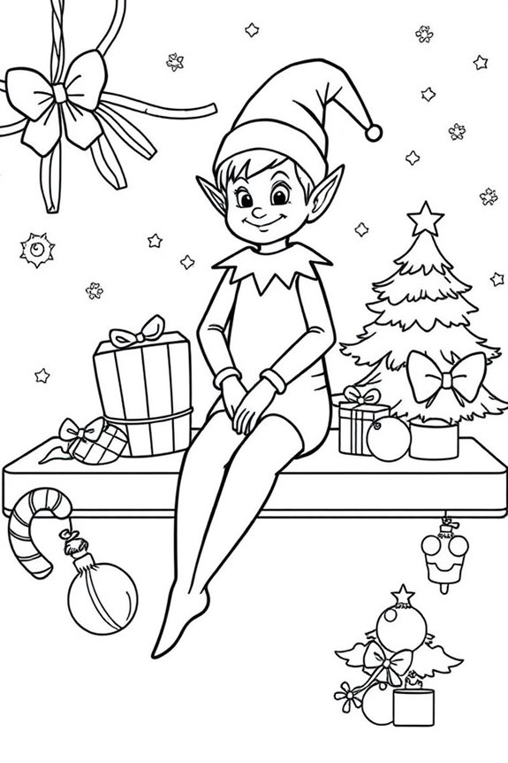 Elf on the Shelf Holiday Decorations Coloring Sheet