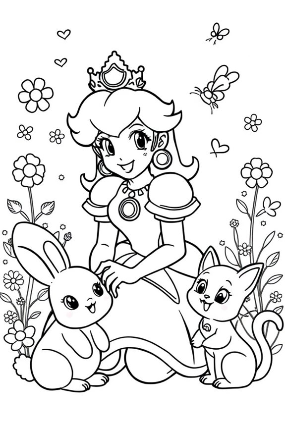Princess Peach with Animal Friends Coloring Sheet