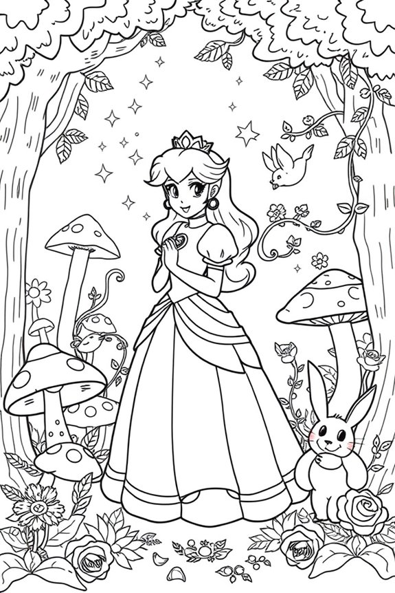 Princess Peach in a Magical Forest Coloring Sheet