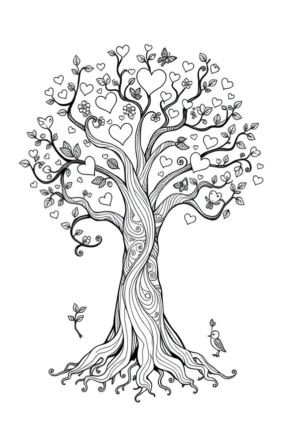 Whimsical Love Tree Coloring Sheet